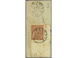 2 centesimi cancelled Roncade 23-10-1877 on piece, gutter pair with only tiny part of the adjacent stamp at right, very rare,