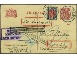 Briefkaart 5 cent met 15 cent luchtrecht Ter-Apel 5.7.20 bestemd voor 1e proefpostvlucht Amsterdam-London 5 juli 1920, te laa