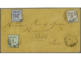 1 centime green olive, 4 centimes violet grey and 20 centimes blue on cover from Hagenau 2-2-1870 to Basel (CH), fine/very fi