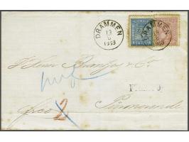 Coat of Arms 4 skilling blue and 8 skilling carmine on cover from Drammen 13-6-1868 over Sandøsund and Kiel to Purmerend (Net