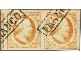 15 cent oranjegeel pos. 58-59 in paar met deel buurzegel, pracht ex. gesigneerd Engel en Hammerschmidt
