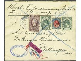 2½ gulden donkerviolet, Bontkraag 1 gulden blauwgroen (2x) en 15 cent blauw en karmijn op aangetekende waarde-envelop van Rot