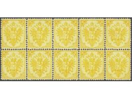 Coat of Arms 2 kreuzer ochre yellow lithographic printing perforated 12¾ in block of 10 in which 2 stamps with fragments of t
