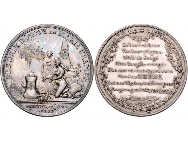 Historiepenningen 1778, zilveren huwelijk van Fredrik Röhne en Maria Cramer, vermoedelijk door J.G. Holtzhey, zilver, 48mm, P