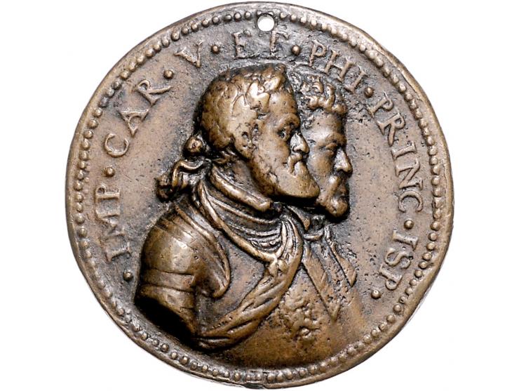 Historiepenningen (1550) Karel V en Philips II, gegoten brons, 42,2mm, 40,7gr F-ZF