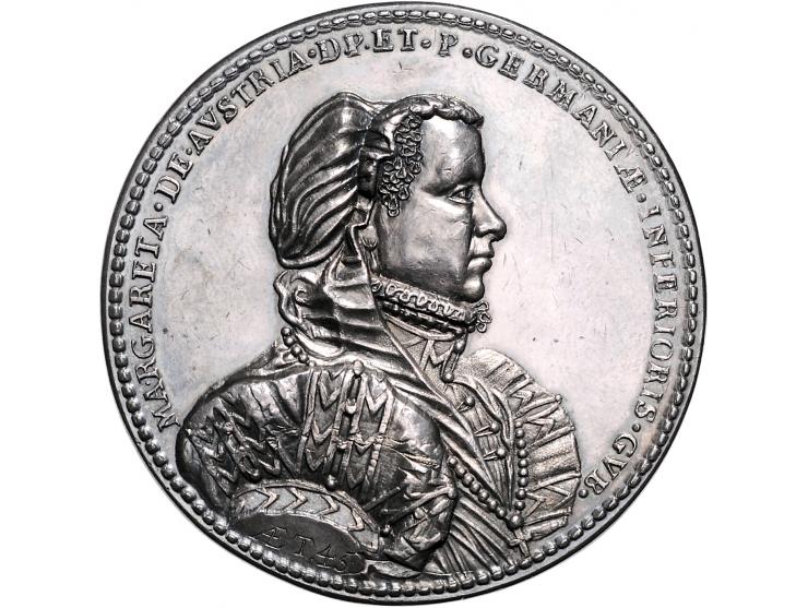 Historiepenningen 1567 Standvastigheid van Margaretha van Oostenrijk, landvoogdes van de Nederlanden, zilver, gegoten, 55mm, 