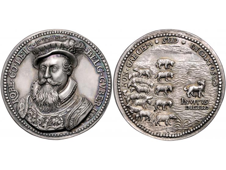 Historiepenningen 1587 Op het vertrek van Leicester, vL. I.382-1 zilver gegoten, (mogelijk later werk) 49mm, 38,9 gr, prachti