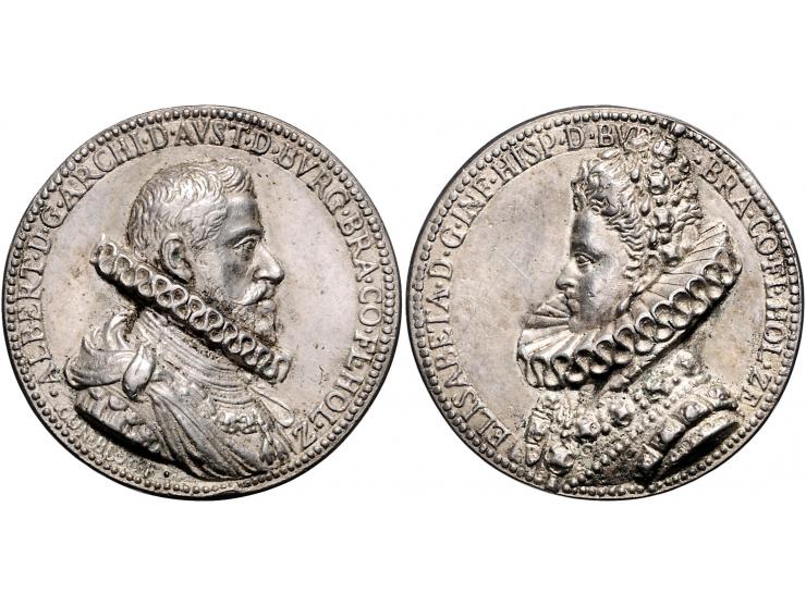 Historiepenningen z.j. (1599) huwelijk van Albert van Oostenrijk en Isabella van Spanje, door Coenraad Bloc, zilver, 43 mm, 3