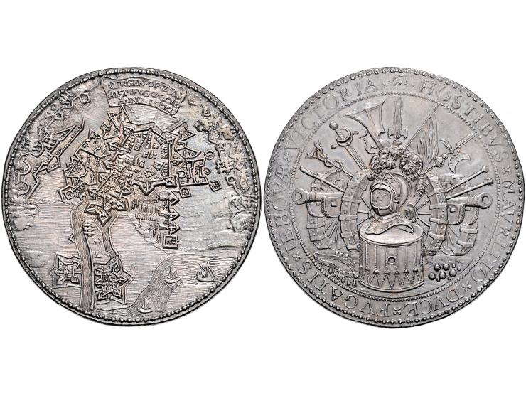 Historiepenningen penningen, 1622 Bergen op Zoom, opbreken beleg door Spinola door Maurits, zilver 55mm, 54,1 gram PR