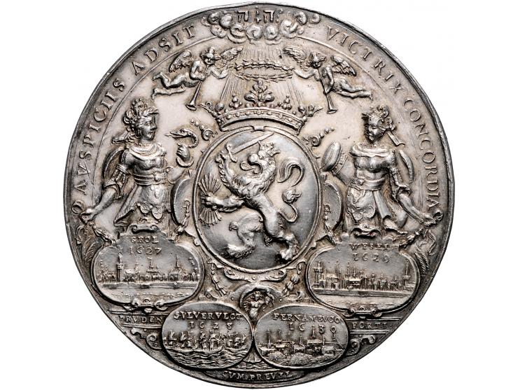 Historiepenningen 1631, op de overwinningen van Frederik Hendrik, inname 's-Hertogenbosch, Grol en Wesel, de Zilvervloot, en 