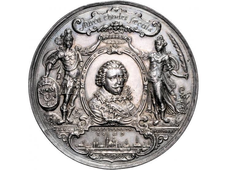 Historiepenningen 1631, op de overwinningen van Frederik Hendrik, inname 's-Hertogenbosch, Grol en Wesel, de Zilvervloot, en 