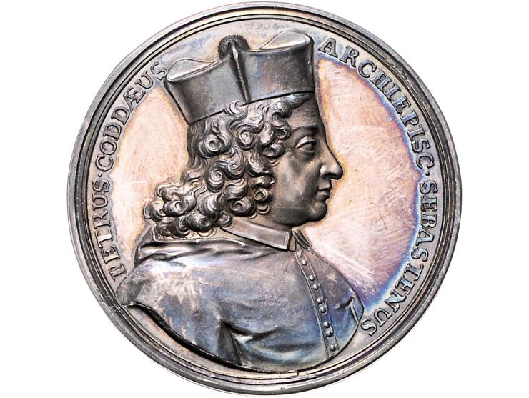 Historiepenningen Penning 1705 in zilver, Petrus Kodde, aartsbisschop van Sebaste, beschermd door de Staten van Holland - VZ 