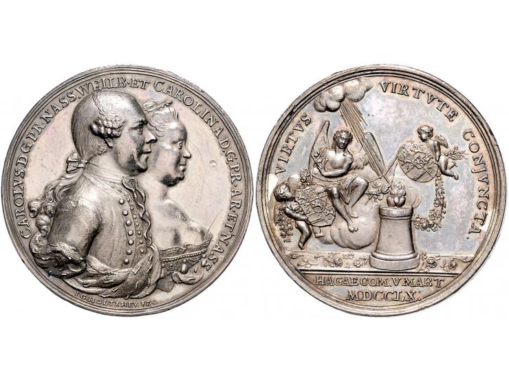 Historiepenningen 1760, op het huwelijk van prinses Caroline met de prins van Nassau-Weilburg door Holtzhey, zilver 26,1gr, 4