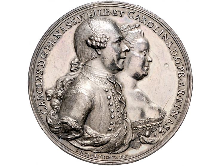 Historiepenningen 1760, op het huwelijk van prinses Caroline met de prins van Nassau-Weilburg door Holtzhey, zilver 26,1gr, 4