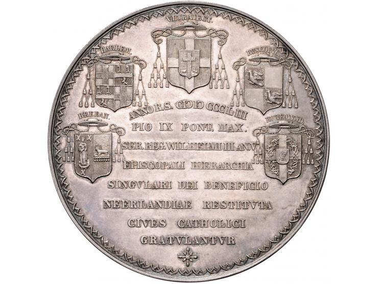 Historiepenningen 1853 Invoering Kerkelijke Hierarchie door Leopold Wiener in zilver (PR) en brons (ZF+), 60mm