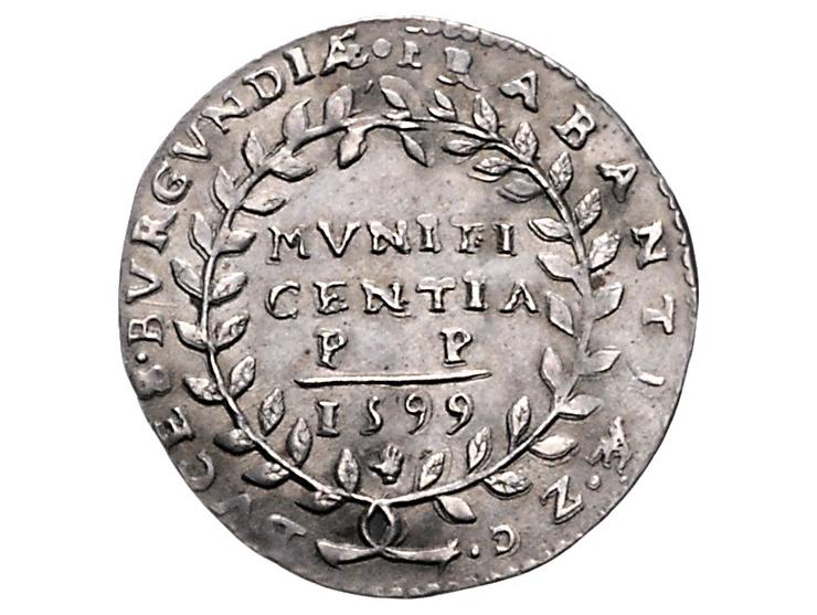 Historiepenningen Zuidelijke Nederlanden, Rekenpenning 1599 in zilver, de intocht van Albert en Isabella te Leuven - VZ borst