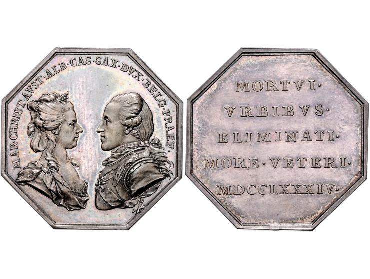 Historiepenningen 1784, Oostenrijkse Nederlanden, nieuwjaarspenning voor het jaar 1785, op het stichten van begraafplaatsen b