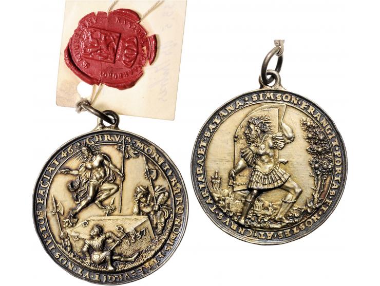 Historiepenningen Austria, Joachimstal, medal 1537 in gilded silver - Obv: Samson / Rev: resurrection of Christ, by Conrad We