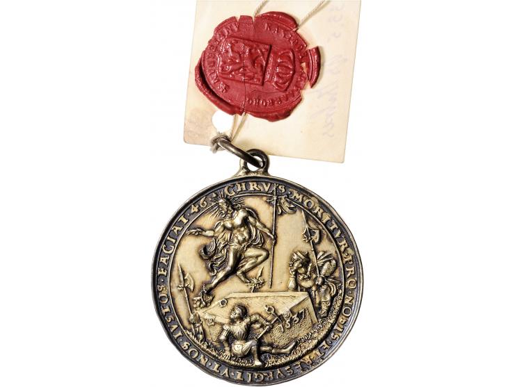 Historiepenningen Austria, Joachimstal, medal 1537 in gilded silver - Obv: Samson / Rev: resurrection of Christ, by Conrad We