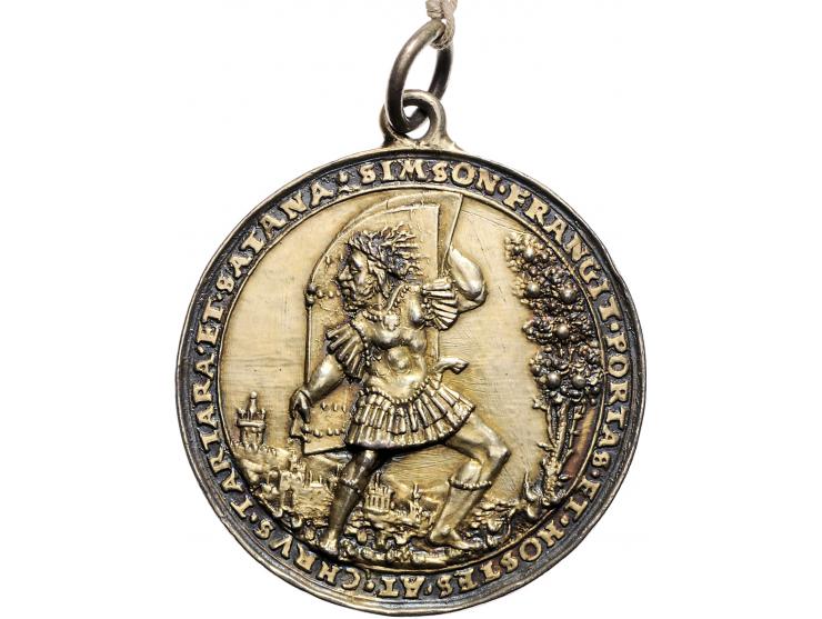 Historiepenningen Austria, Joachimstal, medal 1537 in gilded silver - Obv: Samson / Rev: resurrection of Christ, by Conrad We