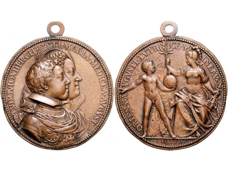 France bronze medal n.d. (1611) - Obv: bust of Louis XIII and his mother Marie de Medici right, by G.Dupré, 49 mm, 34,38 gr.,