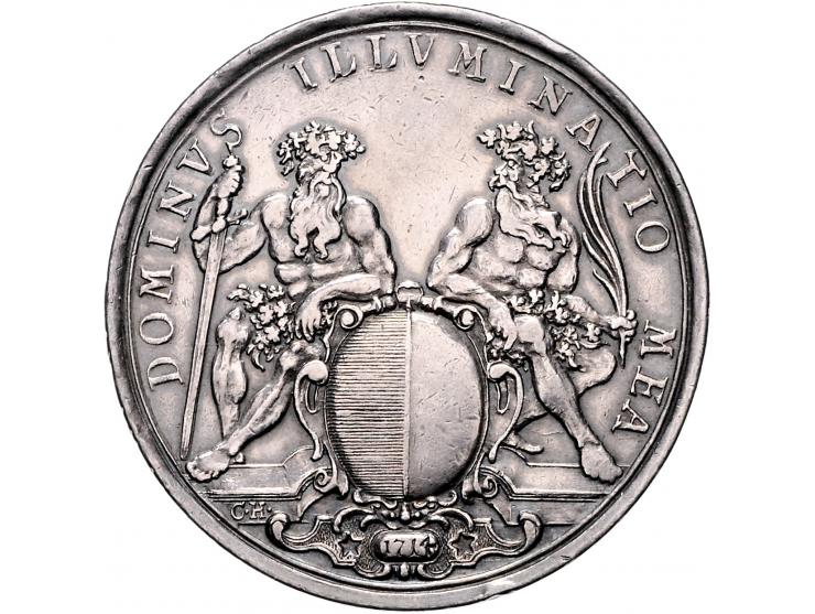 Historiepenningen Switzerland, Lucerne, merit medal 1714 in silver - Obv: two wildmen holding arms of Lucerne / Rev: city vie