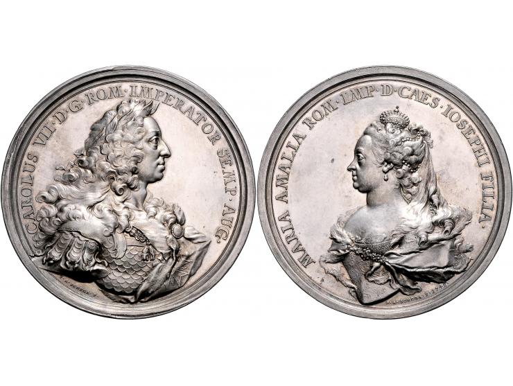 Historiepenningen Holy Roman Empire, silver medal 1742 - Obv: bust of Charles VII right / Rev: bust of Maria Amalia left, by 