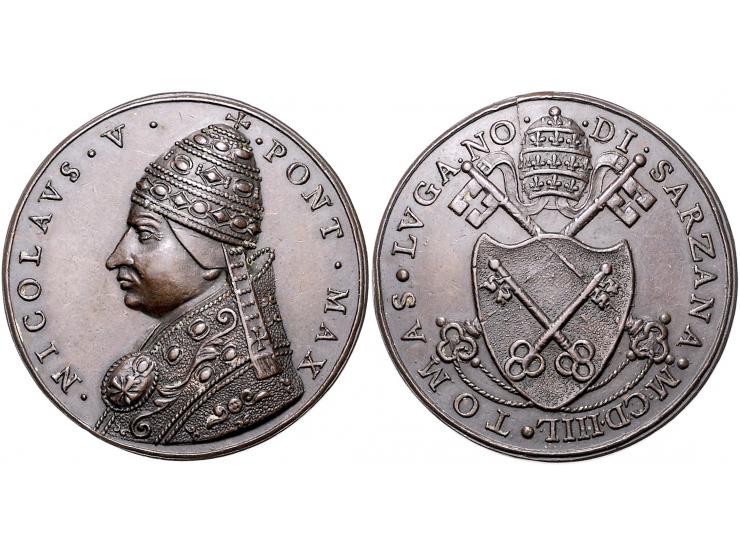 Historiepenningen Papal States, Nicolas V 1447-55), medal 1453 in bronze - Obv: bust left, 43 mm, 51,41 gr., restrike EF