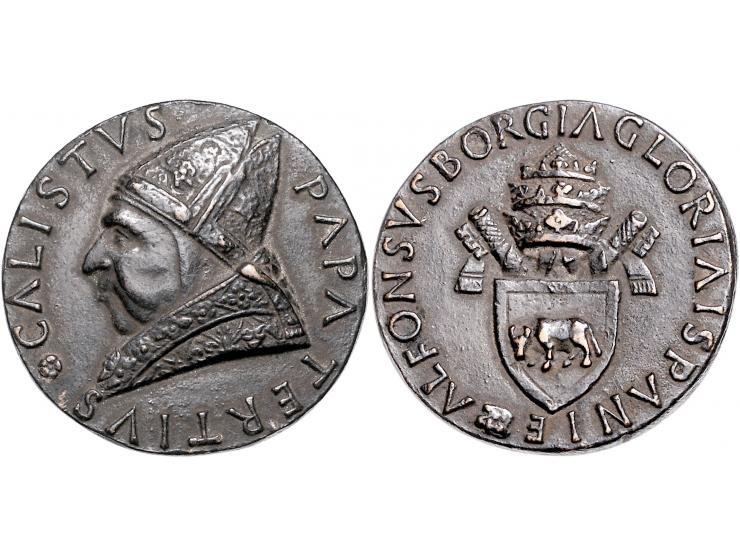 Historiepenningen Calixtus III (1455-58), medal n.d. in bronze - Obv: bust left / Rev: Borgia coat of arms, 43 mm, 48,33 gr.,