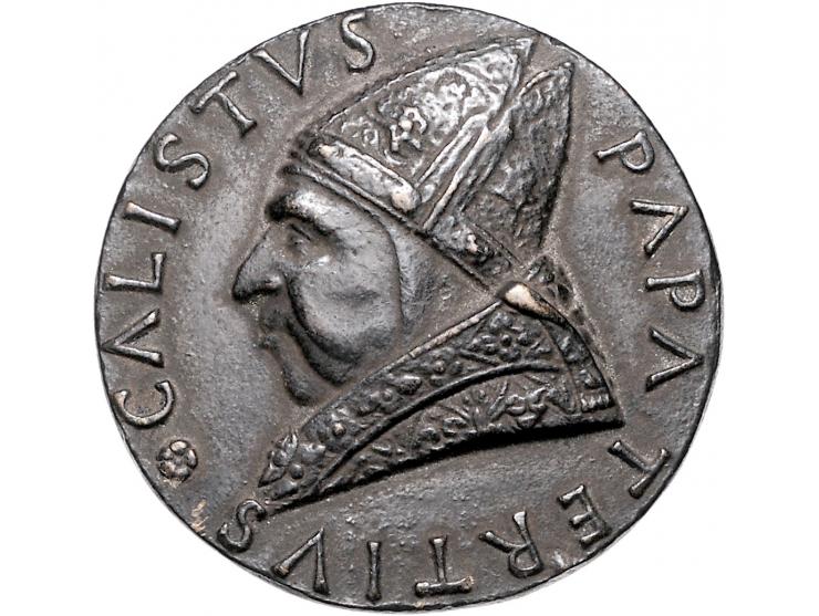 Historiepenningen Calixtus III (1455-58), medal n.d. in bronze - Obv: bust left / Rev: Borgia coat of arms, 43 mm, 48,33 gr.,