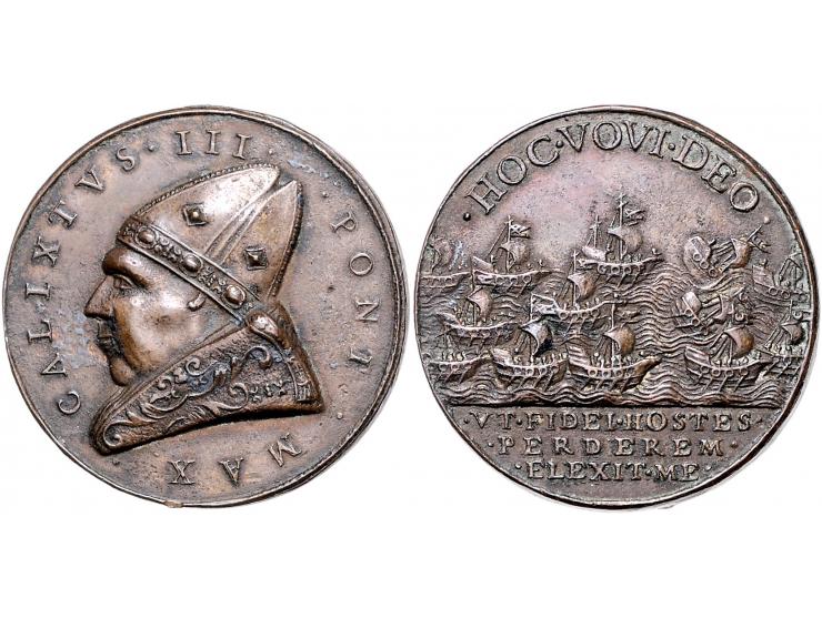 Historiepenningen Calixtus III (1455-58), medal n.d. in bronze, departure of the fleet against the Ottoman Empire - Obv: bust