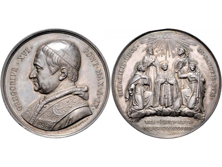 Historiepenningen Papal States, Gregorius XVI (1831-46), medal 1839 in silver - Obv: bust left / Rev: 5 new saints, by G. Gir