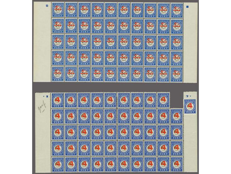 Portzegels overdrukt in rood 4 op 6½ cent en 6½ op 20 cent in veldelen van 50 ex. elk met plaatfouten en drukkerstekens, (vri