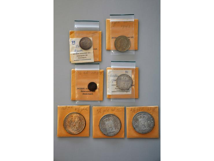 Koninkrijk lot, 2 ½ gulden 1846, 1848, 1943D, 1 gulden 1848, 1943D, ½ gulden 1868, ½ cent 1854