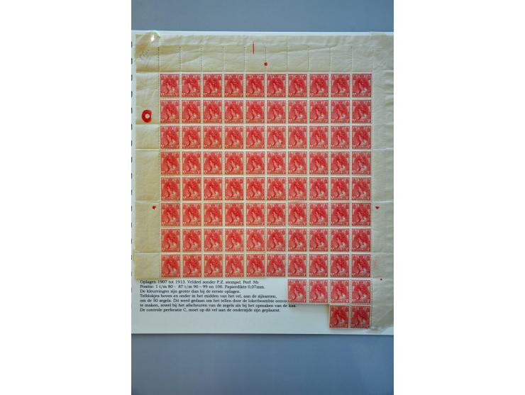 5 cent rood in veldeel van 86 stuks (pos.1-8-, 87-90 en 99-100) met telblokjes en grotere kleurring, oplage 1907-1913, pracht