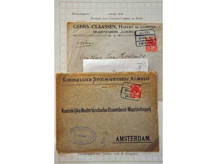 9 poststukken met 5 cent en blokstempels w.b. Hengelo-Doetinchem en Vlissingen-Queenborough en 2 ex. met type raderstempels, 