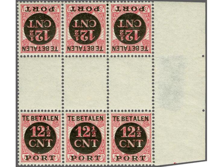 Port 12½ cent op 5 cent rood in keerdruk met tussenstrook in strip van 3 met velrand pracht ex., cat.w. 825