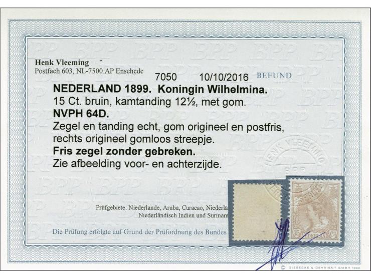 15 cent bruin met certificaat Vleeming 2016, origineel gomloos streepje, cat.w. 725