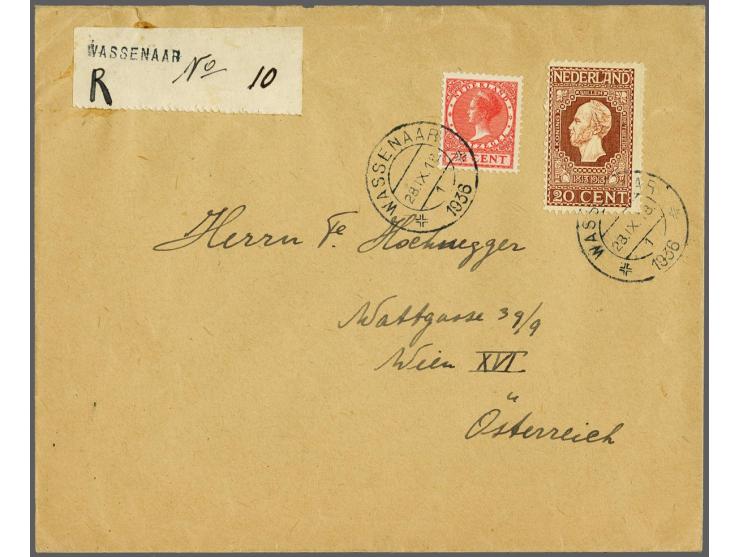 20 cent bruin met 7½ cent Veth rood op aangetekende envelop Wassenaar-Wien 28.IX. 1936 met provisorische R-strook en ingestem