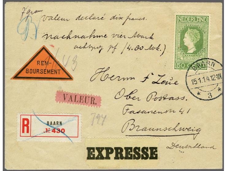 50 cent licht geelgroen op aangetekende expresse-envelop met aangegeven waarde van Baarn 15-1-1914 naar Braunschweig (D), pra