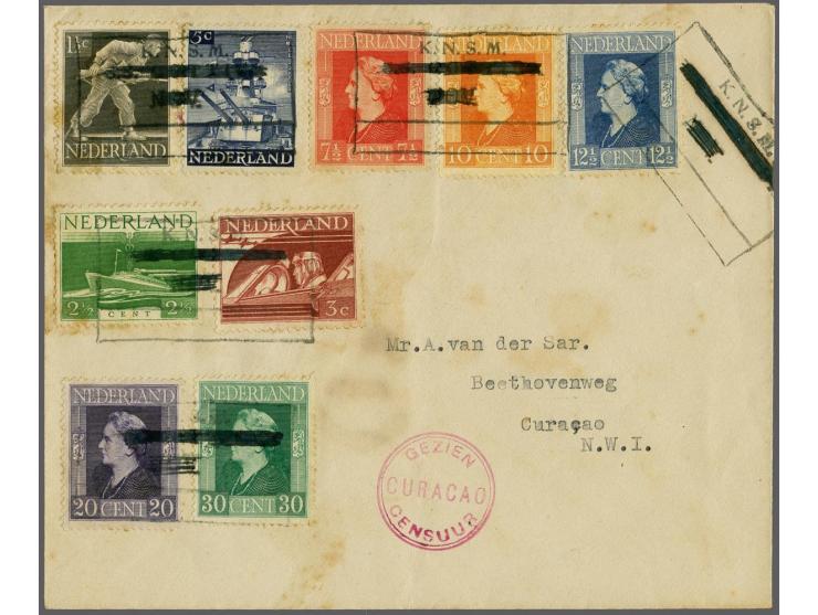 9 waarden uit de Bevrijdingsserie op gecensureerde envelop uit vermoedeljik november 1944 naar Curaçao met KNSM-stempel. Sche