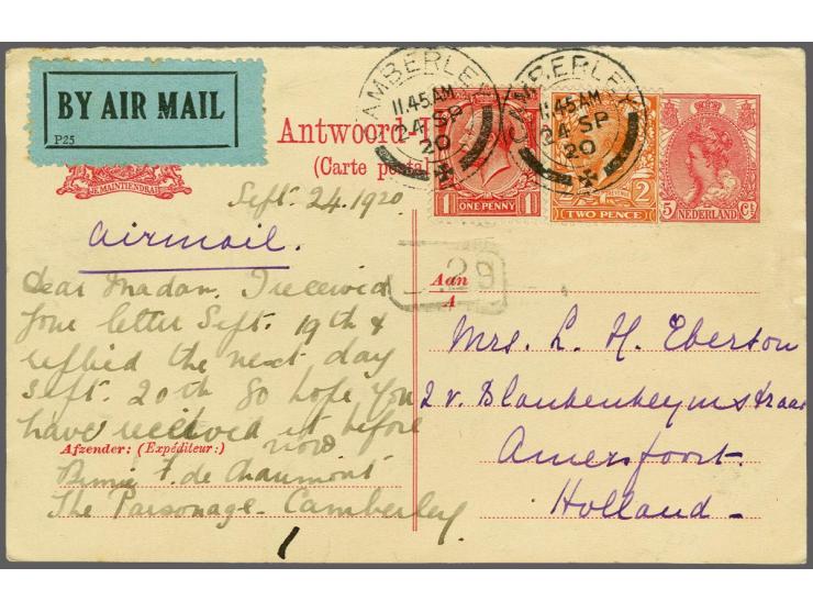 Antwoordbriefkaart 5 cent met bijfrankering 1 en 2d Camberley-Amersfoort 24 sp 20 per luchtpost via London W.C. 25 sp 20, pra