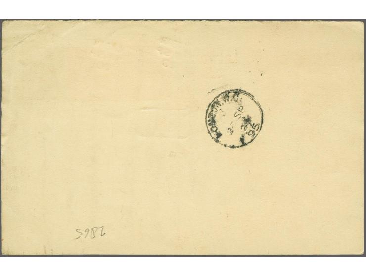 Antwoordbriefkaart 5 cent met bijfrankering 1 en 2d Camberley-Amersfoort 24 sp 20 per luchtpost via London W.C. 25 sp 20, pra