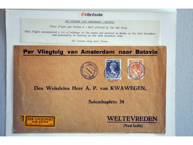 Van der Hoopvlucht met 20 cent jubileum en Bontkraag 10 gulden oranje met stempel Vliegtocht Nederland-Indië 1-10-1924 zonder