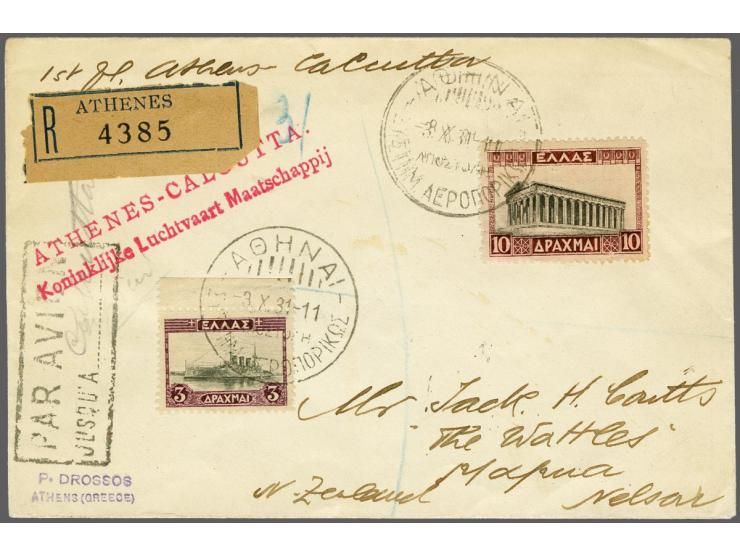 Athene-Calcutta 4-10-1931, aangetekende envelop met rood 2-regelig ATHENES-CALCUTTA/ Koninklijke Luchtvaart Maatschappij naar