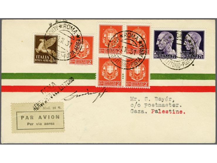 Rome-Gaza 1-11-1931 met aankomststempel 2 no 31 en handtekening piloot Smirnoff, envelop met 75 cent. frankering, pracht ex.