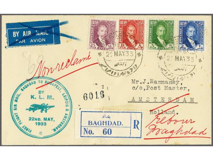 Baghdad-Amsterdam 22-5-1933, aangetekende envelop (21 stuks gevlogen), geschreven Non reclamé en retour Baghdad, pracht ex.