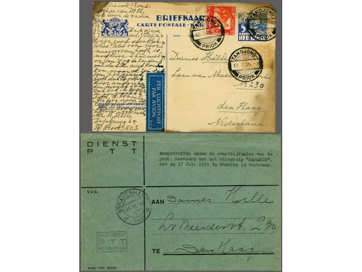 Briefkaart ongeluksvlucht Maraboe 17-7-1935 met PTT envelop en 3-regelig stempel Aangetroffen onder de overblijfselen van de/