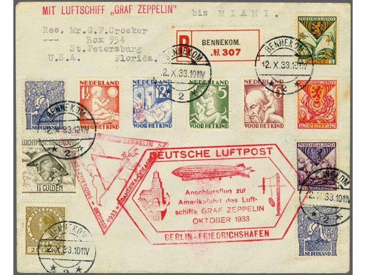 Zeppelinvlucht 50e vlucht over de oceaan, bontgefrankeerde aangetekende envelop Bennekom 12-10-1933 met alle relevante stempe