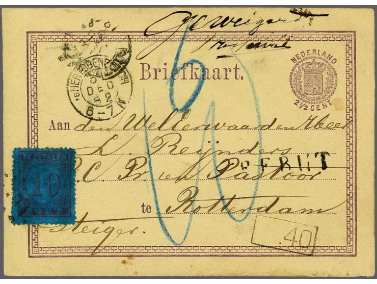 Port 10 cent op briefkaart 2½ cent Wapen (vanaf 1 nov.1879 ongeldig verklaard) van 'sHertogenbosch 31 dec.82 naar Rotterdam, 